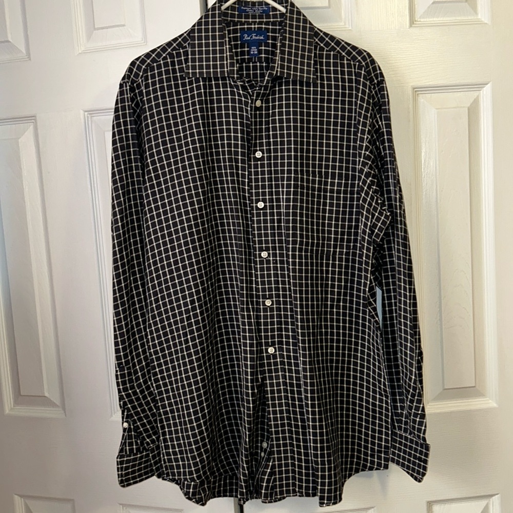 Paul Frederick Men’s 16/36 Black/White Windowpane Plaid Button Up  Dress Shirt
